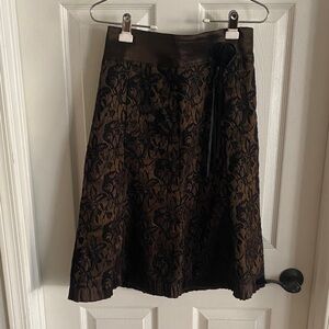 Black Lace Overlay A-Line Skirt Brown Satin Floral Vintage Style Small S/M